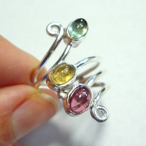Tri Color Tourmaline Ring with Pink, Gold, and Green Tourmaline Jewels Set in a Solid Sterling Twist Ring that Glow with Color, Size 6.5