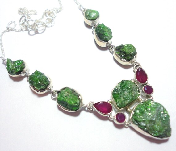 Raw Chrome Diopside and Ruby Necklace: Sterling S… - image 1