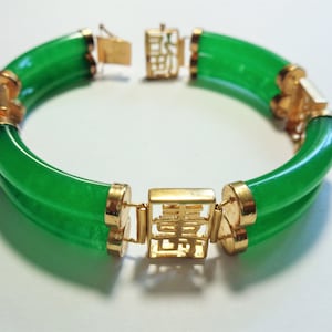 Imperial Green Jadeite Jade Bracelet, Vintage 1960s, 8 High Quality Jade Bars, 4 Chinese Characters, Heavy Gold Fill, Push Safety Clasp, 8 image 1