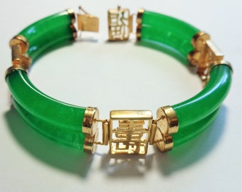 Imperial Green Jadeite Jade Bracelet, Vintage 1960s, 8 High Quality Jade Bars, 4 Chinese Characters, Heavy Gold Fill, Push Safety Clasp, 8"