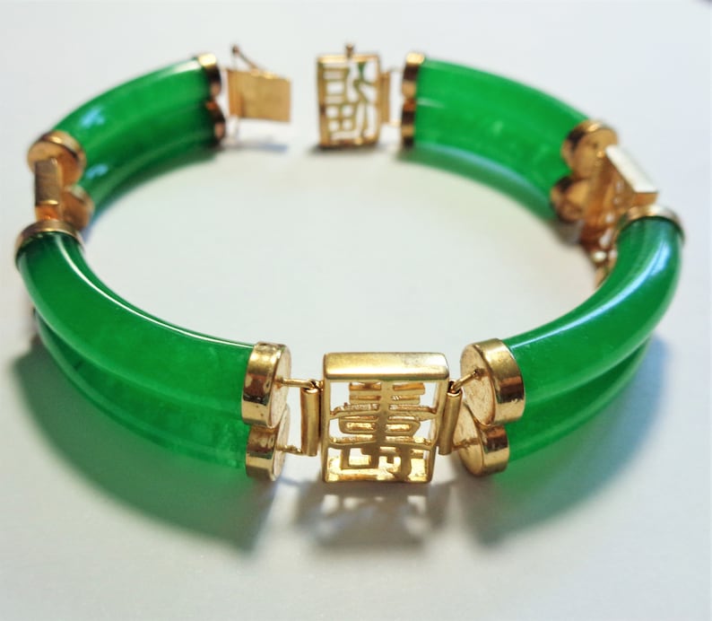 Imperial Green Jadeite Jade Bracelet, Vintage 1960s, 8 High Quality Jade Bars, 4 Chinese Characters, Heavy Gold Fill, Push Safety Clasp, 8 image 1