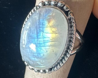 Moonstone Ring a Vintage Large Oval Best Colorful Rainbow Moonstone Ring in Bali Sterling, Bright Gold, Aqua, Cobalt, Blue Flash, Size 8