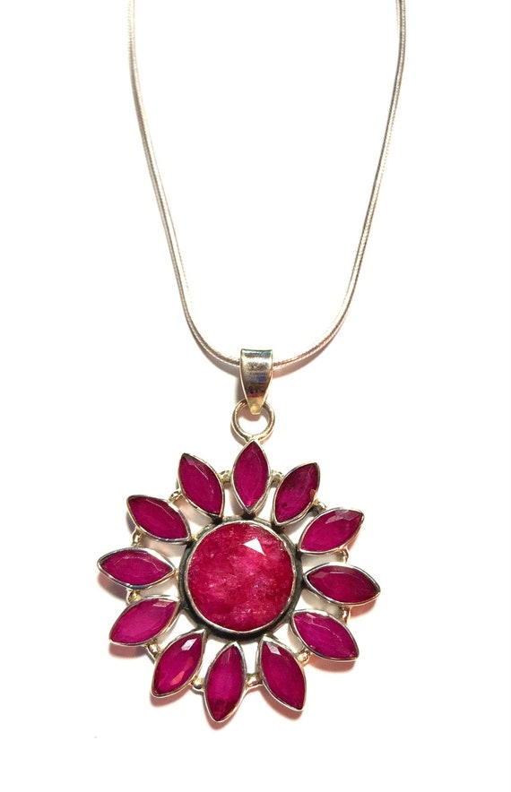 Ruby Flower Pendant is Vintage, 12 Faceted Marquis