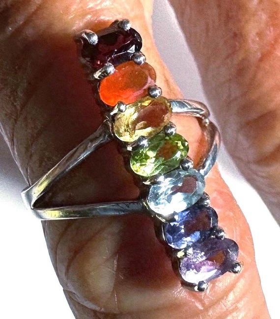 Vintage Sterling Silver Chakra Rainbow Real Gemst… - image 4