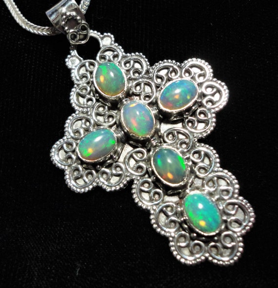 Bali Style Diamond Shape Dangles Gift for Her 26 In Vintage Filigree Facet Emerald Glass Jewel Turquoise Cab Pendant Necklace