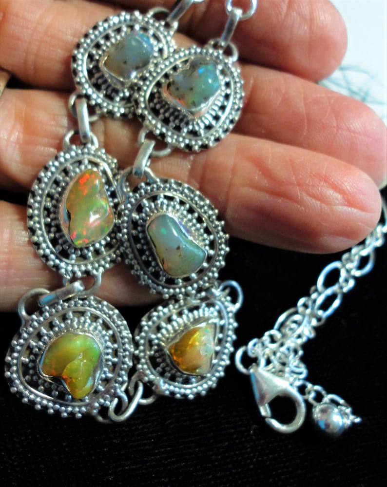 Opal Nugget Choker Necklace with 6 Genuine Raw Natural Opals Set in a 16 12 Bali Sterling Silver Choker plus a 6\u201d Extender Chain