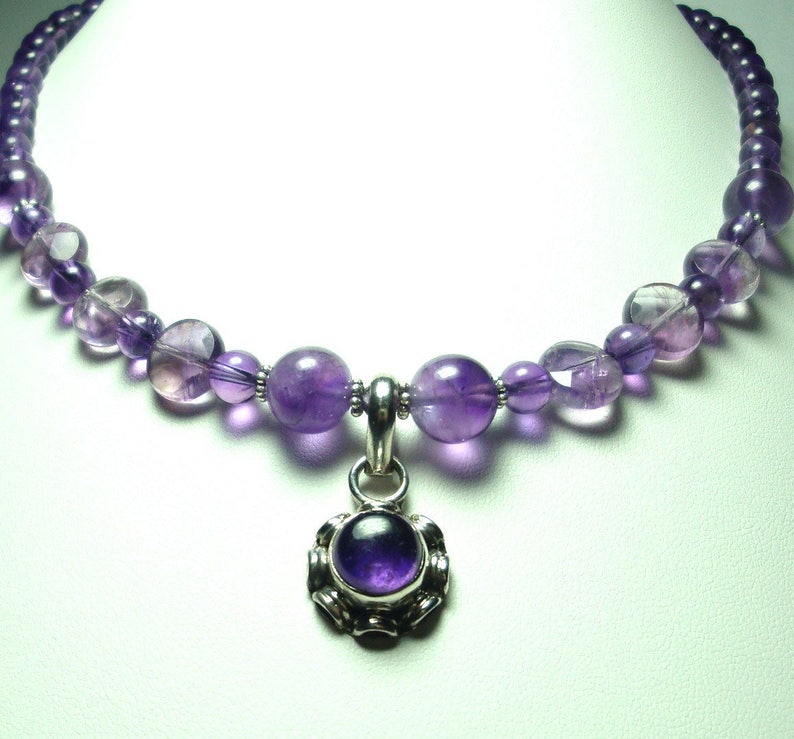 Amethyst Necklace Purple Amethyst AAA Quality Cabochon Pendant with AAA Quality Amethyst Beads Necklace with Sterling