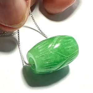 Apple Green Jade Barrel Bead Pendant, is a Carved Lulutong or Lucky Barrel Bead with a Large Hole, on a 18" Solid Sterling Chain