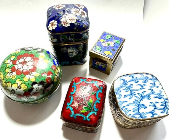 Vintage Chinese Cloisonne Trinket Box Collection: 1930s Floral Enamel, 1 Porcelain, Lot of 5