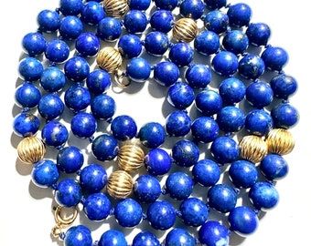 Vintage 1970s Lapis Necklace, w 8mm Genuine Best Quality Royal Blue Lapis Beads, Nine 14k Gold 8mm Beads, 14k Clasp, 32" Long, Wrap, Layer
