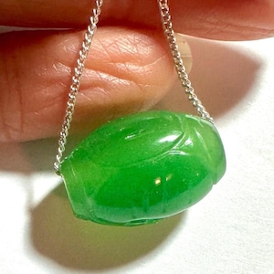 Carved Green Jade Barrel Bead Pendant, Lucky Vintage Carved Jade Lulutong Barrel Bead Has Large Hole, and Comes on a 16" Sterling Chain