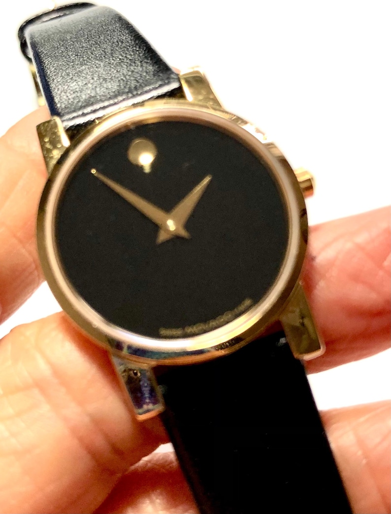 Vintage Movado Museum Ladies Watch: Black Dial, Gold Dot, Original Leather Strap and Box image 1