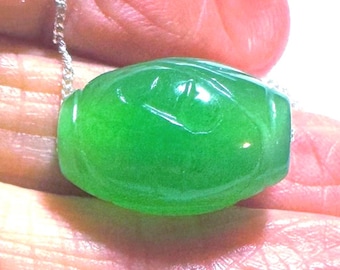 Vintage Carved Green Jade Lucky Lulutong Barrel Pendant: 16” Sterling Chain