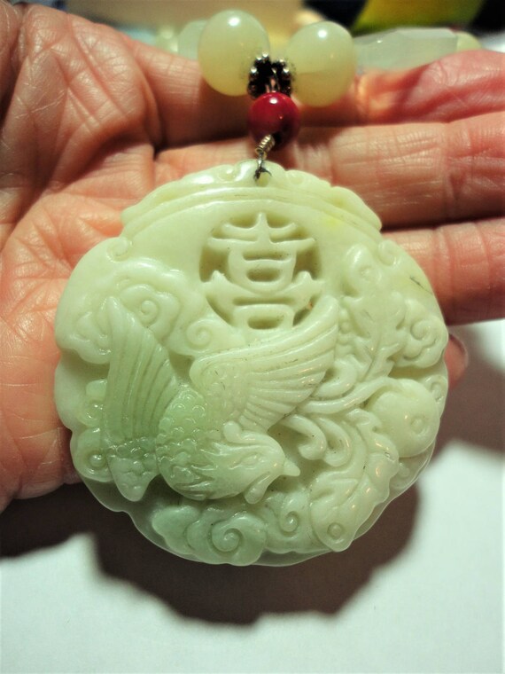 Green White Jadeite Phoenix Pendant w Serpentine Jade Faceted Prehenite Beads and Carved Ox Bone Beads with Sterling Silver