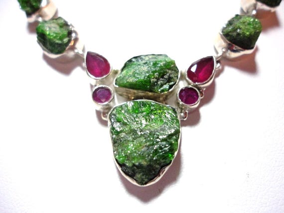 Raw Chrome Diopside and Ruby Necklace: Sterling S… - image 4