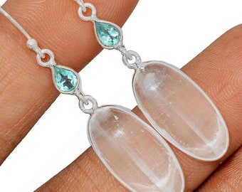 Selenite Earrings with Clear Silky White Selenite Oval Gems and Blue Topaz, Bezel Set in Sterling on Sterling Ear Wires