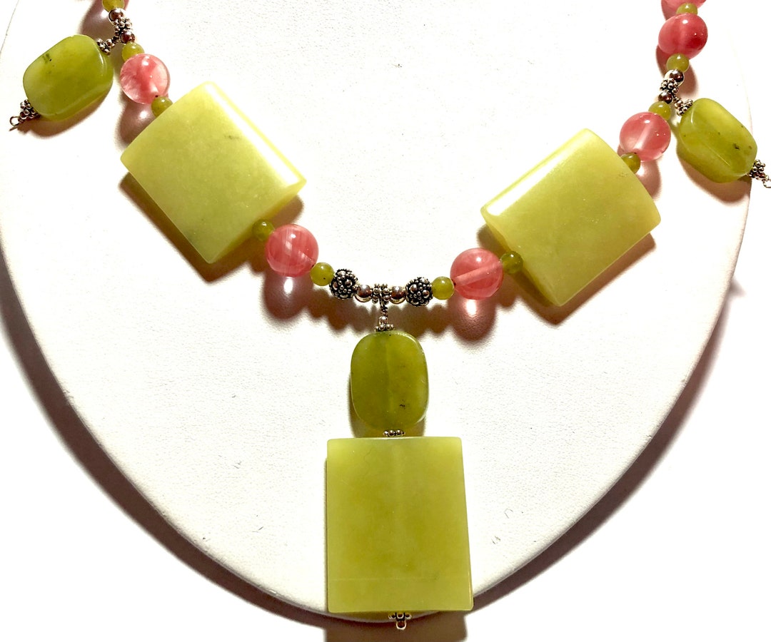 Olive Jade Necklace W Earrings With Olive Jade Rectangles, Cherry