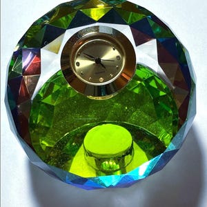 Vintage Crystal Clock Paperweight: Colorful Facets, Gold Watch Face, Quartz Movement