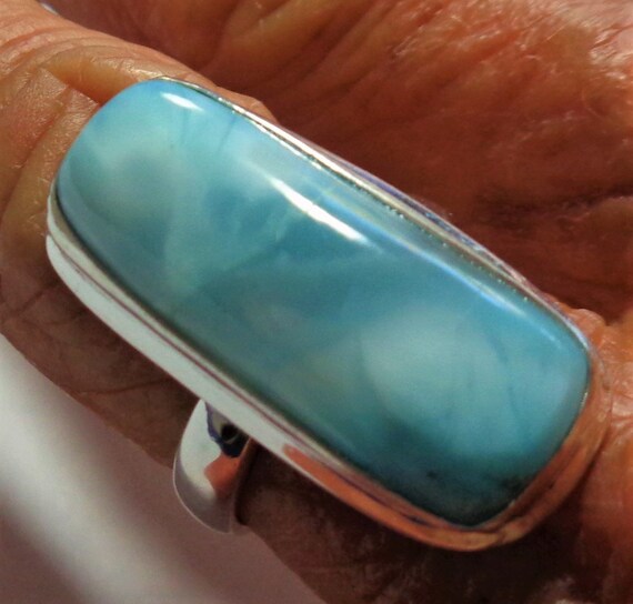 Larimar Ring: Long Rectangular Caribbean Blue Gem… - image 2