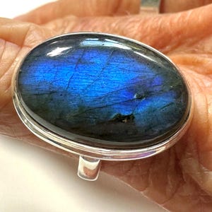 Labradorite Large Oblong Oval Ring in a Solid Sterling Silver Setting, Vintage Large Deep Indigo Blue Flash Statement Ring, Size 10