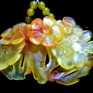 Jade Necklace is a Bouquet of Peachtree Blossoms Carved in Golden and Green Jade, Carnelian and Jade Necklace w Earrings, Sterling Toggle