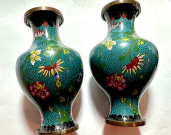 Antique Vintage Chinese Teal Cloisonne Set of 2 Matched Vases, Vintage 1930s Floral Cloisonne Flower Vases, Asian Decor, Urns