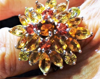 Sapphire Sunburst Ring w Genuine Yellow, Gold and Orange Sapphires in a Stunning Statement Ring, Sterling Multi Gem Cluster Ring, Size 5.5