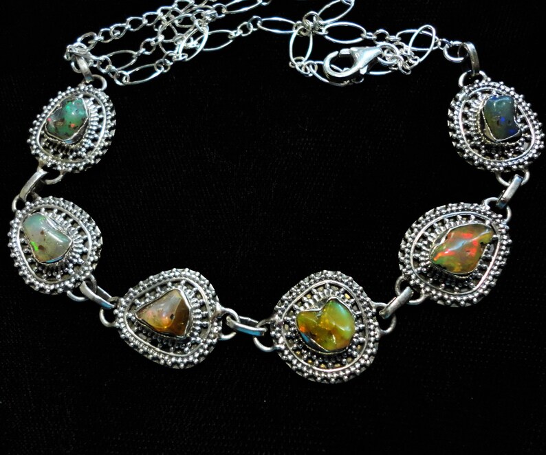 Opal Nugget Choker Necklace with 6 Genuine Raw Natural Opals Set in a 16 12 Bali Sterling Silver Choker plus a 6\u201d Extender Chain