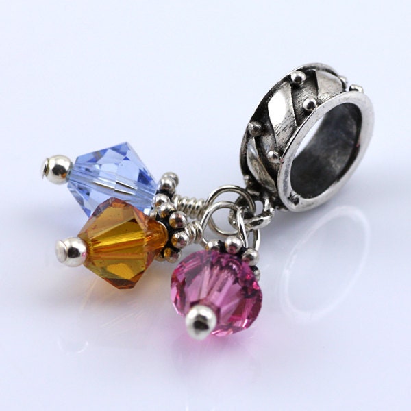 Sterling Silver European Style Bead -  Personalized birthstone crystals dangly charm - You choose 3 colors