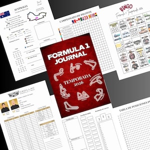 May include: A collection of Formula 1 themed printables, including a journal, bingo game, and race tracking sheets. The journal cover is red with the text "Formula 1 Journal Temporada 2026" and track outlines. Other sheets include driver standings and race details.