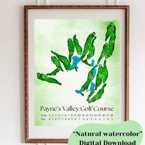 Mapa digital del campo de golf de Payne’s Valley en acuarela, regalo para amantes del golf, regalo para el día del padre, regalo para papás, campo personalizado, Tiger Woods