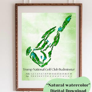 Mapa digital del campo de golf en acuarela de Bedminster, Trump National Golf Club, regalo para golfistas, regalo para el Día del Padre, campo personalizado