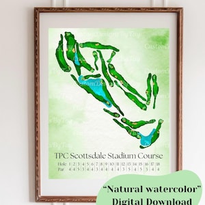 Mapa digital del campo de golf del estadio TPC Scottsdale en acuarela, regalo para golfistas, regalo para el día del padre, regalo para papá, campo de golf de gestión de residuos