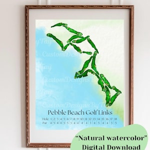 Pebble Beach Golf Links aquarel golfbaan kaart digitale download, cadeau voor golfliefhebbers, vaderdagcadeau, cadeau voor vaders, aangepaste cursus