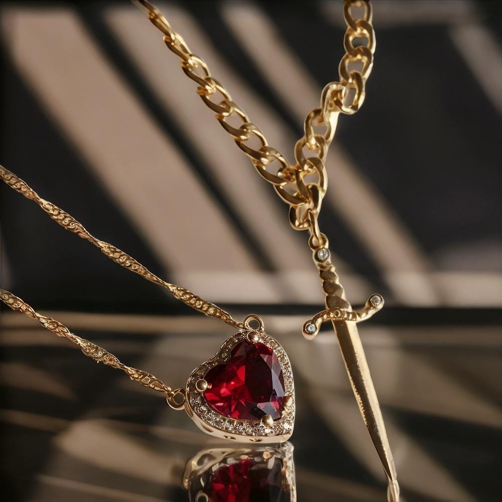 Jekyll U Angel Sword Heart Pendant Necklace - Stainless Steel Unisex Chain, 24"