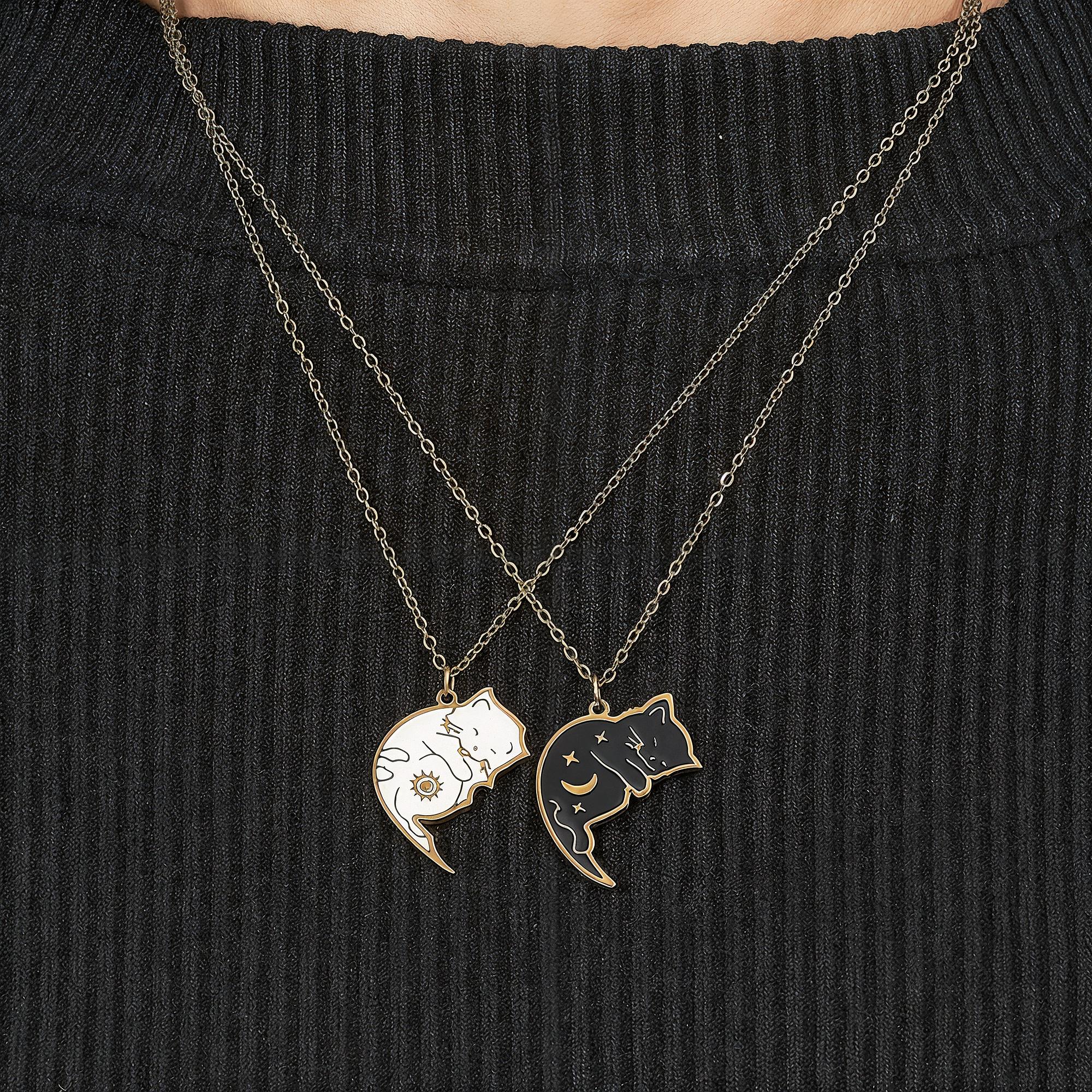 2Pcs Stainless Steel Yin And Yang Cat Necklace Set – Couples Best Friend Puzzle Pendants