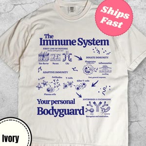 Może przedstawiać: Kremowa koszulka z granatowym schematem układu odpornościowego. Tekst zawiera "The Immune System", "First Line of Defense" i "Your personal Bodyguard". Widoczny jest różowy okrąg z napisem "Ships Fast".