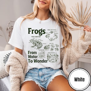May include: White t-shirt with a green frog anatomy and life cycle diagram. The shirt features the word "Frogs" at the top, with the phrase "From Water To Wonder" below the diagram. The shirt is a crew neck.