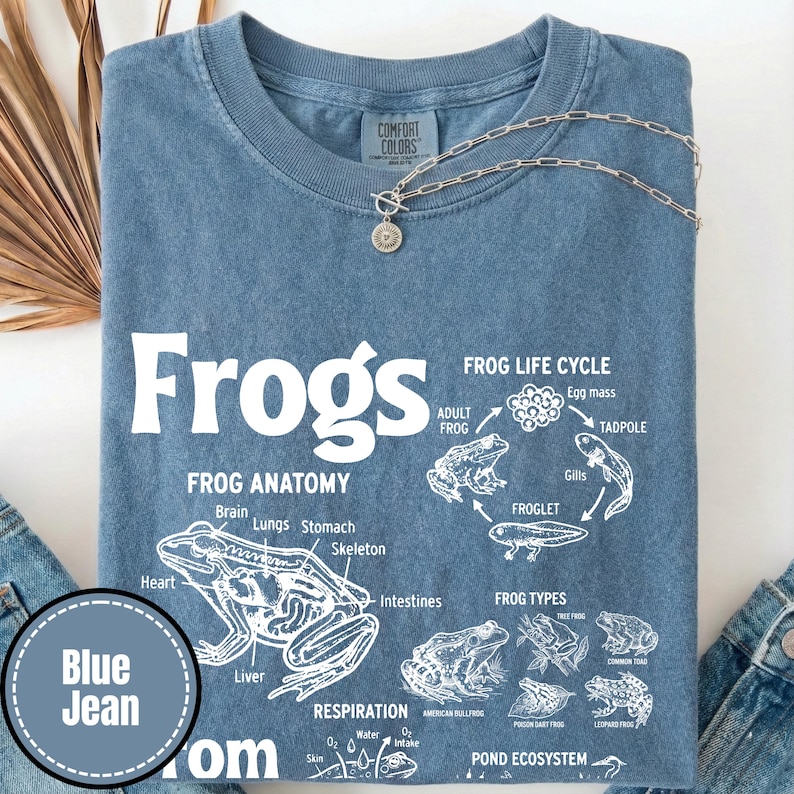 May include: Blue jean colored t-shirt with the word "Frogs" in large white letters. The shirt features a detailed diagram of frog anatomy, life cycle, and types. A silver necklace with a pendant rests on the shirt.