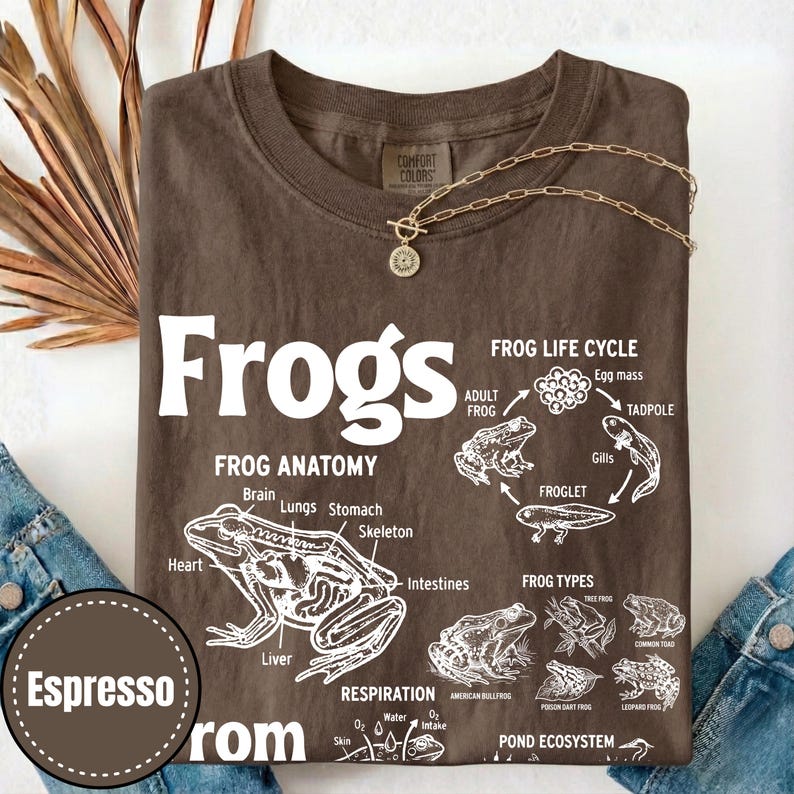 May include: Espresso-colored t-shirt with the word "Frogs" in large white letters. The shirt features a diagram of frog anatomy, life cycle, and types. A gold necklace with a pendant is draped on the shirt.