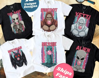 Bigfoot Lover T-shirt, Funny Bubblegum Tee, Cryptid Tee Shirt – Nessie, Mothman, Yeti, Alien Pop Art Top, Mystery Tshirt for Cryptid Lovers