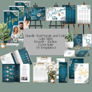 May include: A selection of event stationery templates in teal, purple, and gold. Includes welcome signs, table cards, menus, and RSVP cards. The suite is designed for a gala night benefit and auction event.