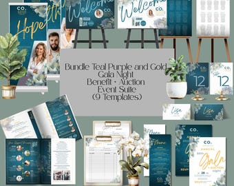 Gala Night Event Suite Fundraiser Bundle Teal Purple and Gold Florals Benefit Auction Non-Profit Charity Business Anniversary Canva Pack