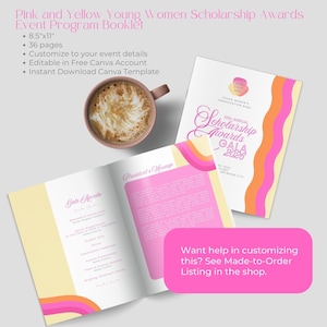 Modello per programma di gala di premiazione delle borse di studio, programma per eventi senza scopo di lucro dell'organizzazione delle giovani donne, opuscolo per eventi Canva modificabile rosa e giallo