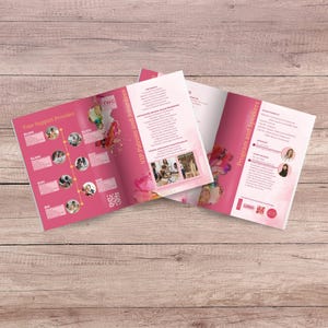 May include: A brochure with a pink and white design, featuring text and images. The brochure is open, displaying information about VIP patrons, awards, and program speakers. The text includes "Your Support Provides" and "Program and Speakers."