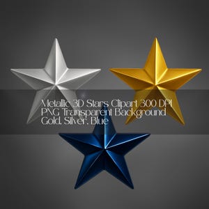 3D ster metallic clipart PNG 300 DPI middernachtblauw goud zilver sterren hoge kwaliteit transparante achtergrond Instant Download commerciële licentie