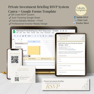May include: A digital marketing template for a private investment briefing RSVP system. The image shows a laptop, tablet, and smartphone displaying the RSVP form, along with a print card. The template includes a QR code, auto-tracking, and is Canva editable.