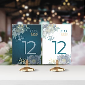 Números de mesa de evento empresarial minimalistas com flores roxas e douradas, modelo editável, cartões de mesa de gala anual de aniversário empresarial elegantes