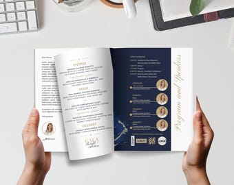Gala Event Program Booklet Benefit Auction Navy Blue and Gold Nonprofit Fundraiser Program Canva Digital Template Instant Download