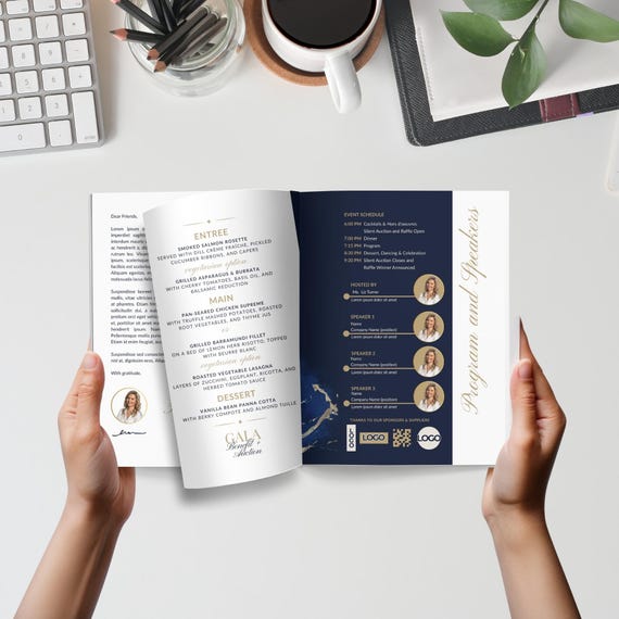 Gala Event Program Booklet Benefit Auction Navy Blue and Gold Nonprofit Fundraiser Program Canva Digital Template Instant Download